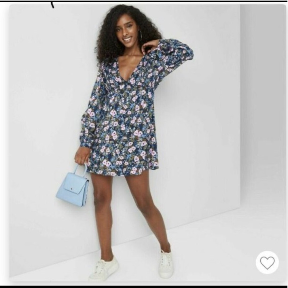 Wild Fable Blue Floral Print Long Sleeve Mini Dress Women’s Size Small